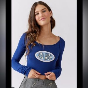URBAN OUTFITTERS BLUE YOU WISH GRAPHIC LONG SLEEVE CROPPED SHIRT SIZE MEDIUM